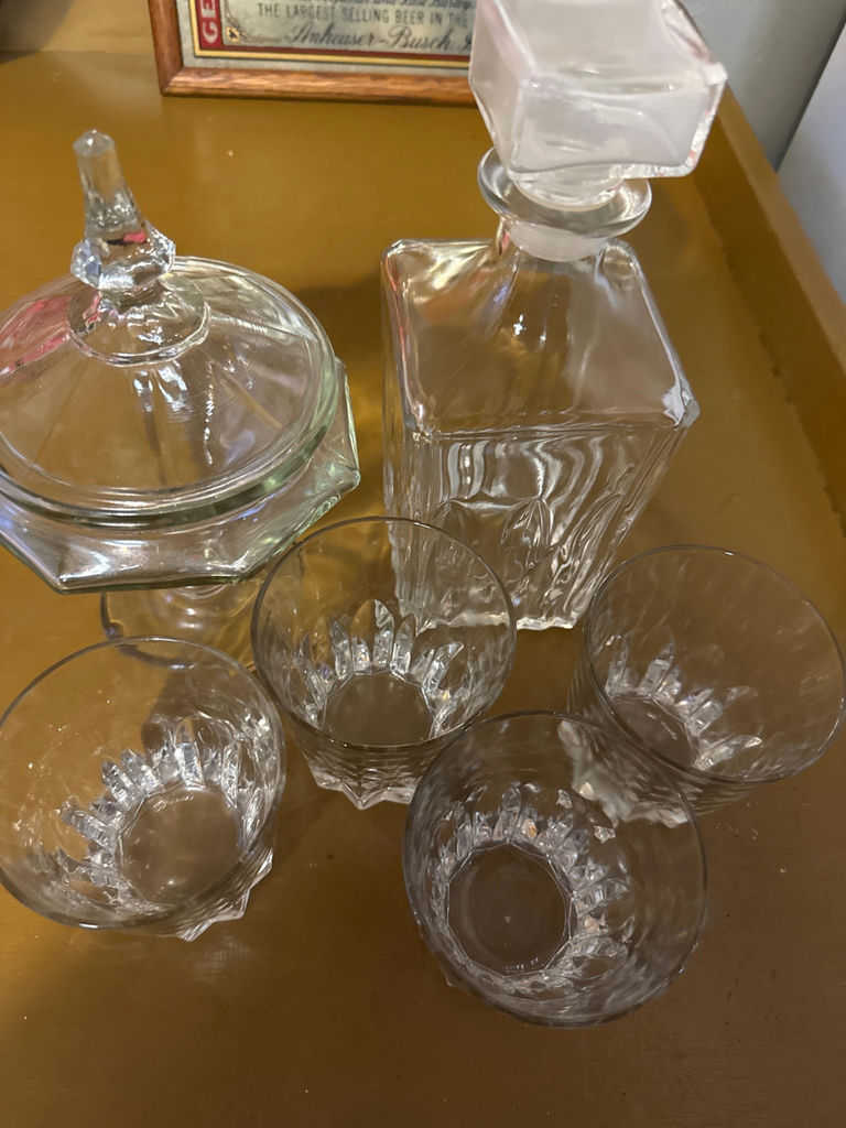 Glass decanter set with pedestal dish and tumblers - image 1 of 2
