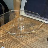 Crystal champagne flutes, octagonal glass centerpiece, and wooden inlay decorative piece - thumbnail 3 of 5
