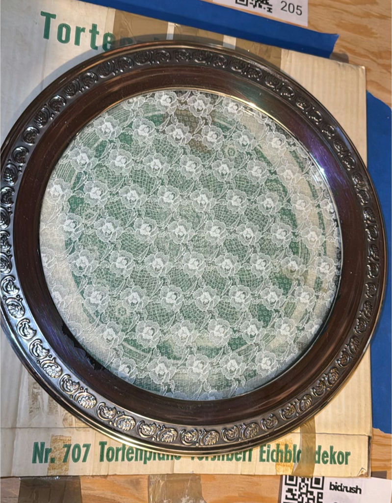 Round silver-plated cake plate with ornate border - image 1 of 2