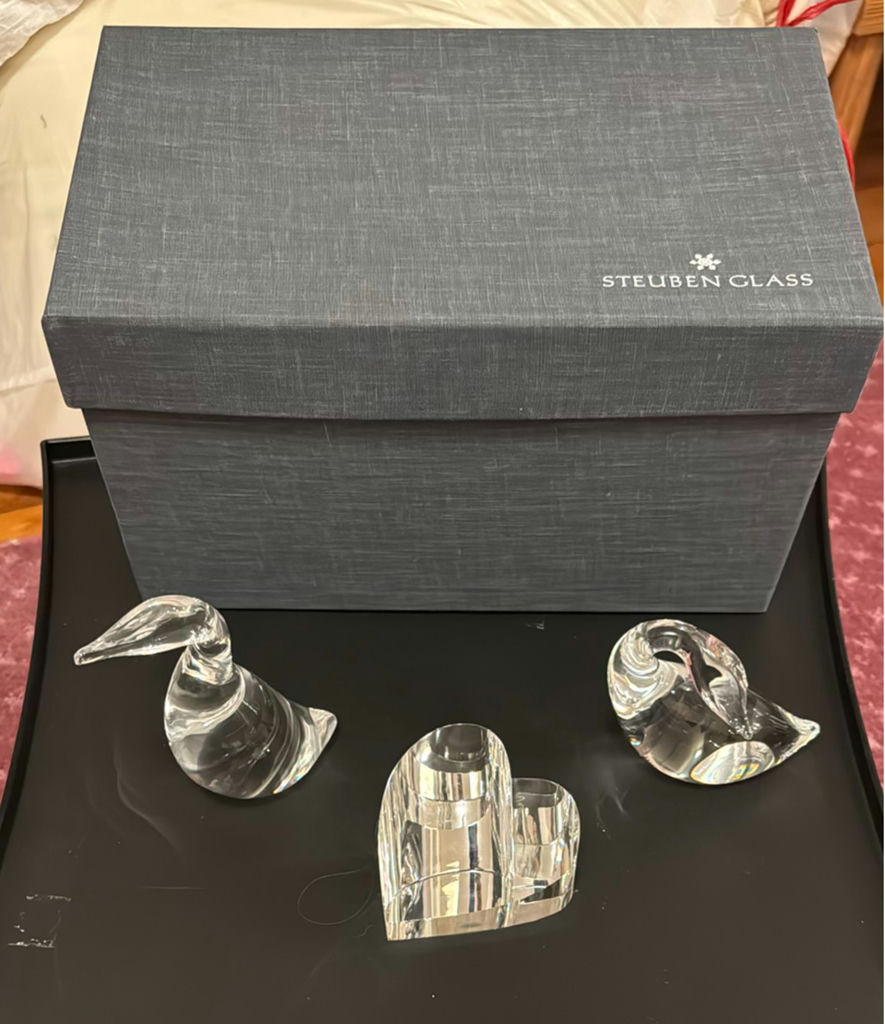 Steuben crystal glass bird figurines and heart sculpture - image 1 of 5