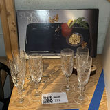 Crystal champagne flutes, octagonal glass centerpiece, and wooden inlay decorative piece - thumbnail 1 of 5