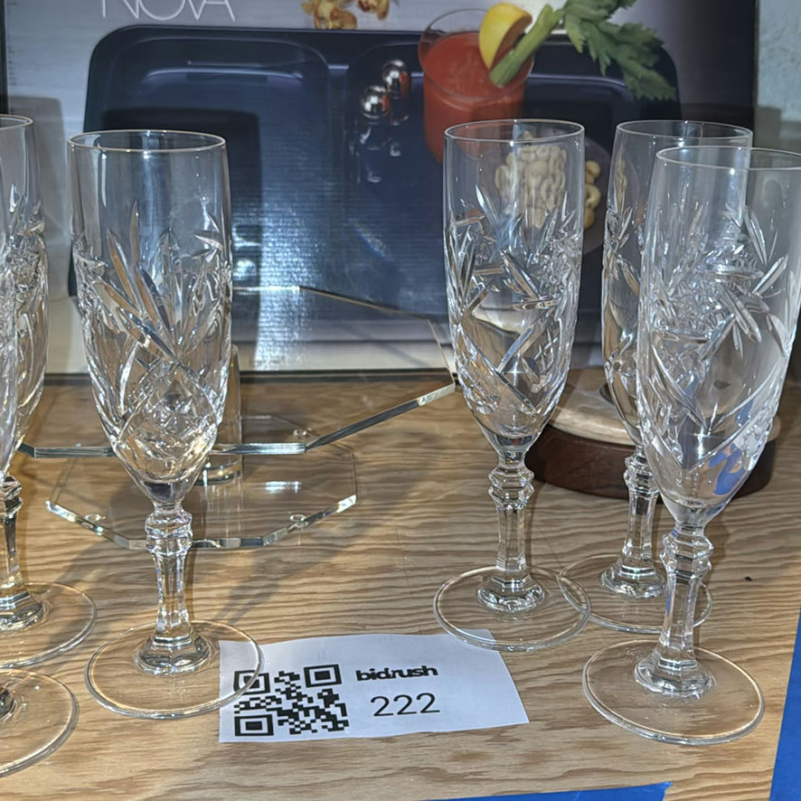 Crystal champagne flutes, octagonal glass centerpiece, and wooden inlay decorative piece - image 2 of 5