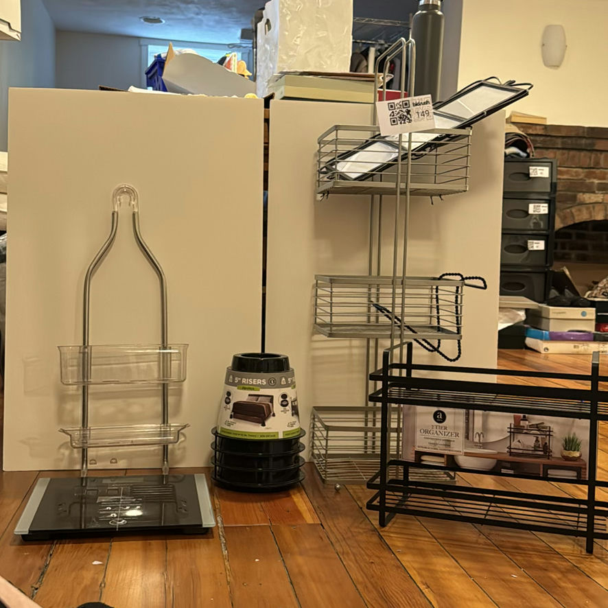 Assorted kitchen scale, risers, and shelving organizers - image 1 of 6