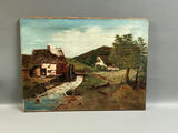 Antique Landscape Waterwheel Oil on Canvas Signed - thumbnail 1 of 4