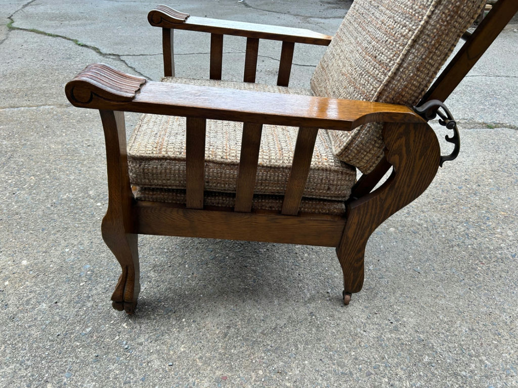 Antique Oak Recliner Morris Chair Tweed Upholstery - image 7 of 7