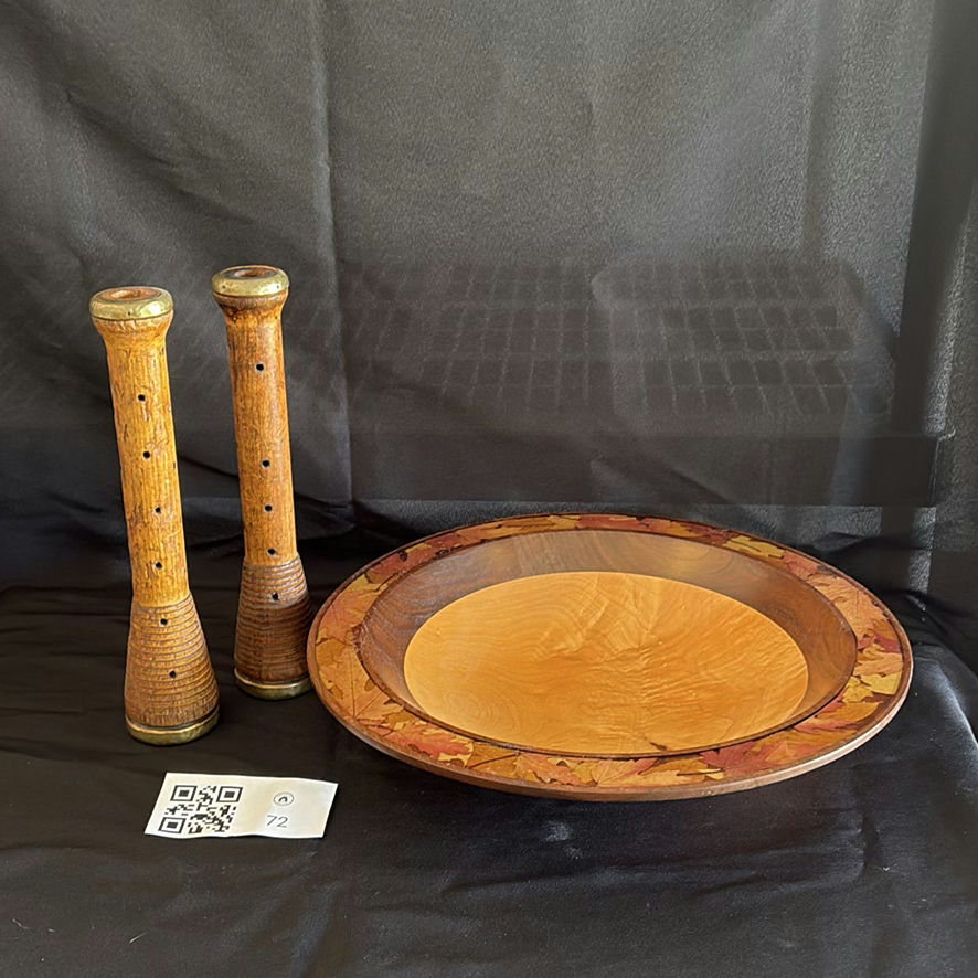 Wooden Decorative Bowl by Ron Ball and Two Wooden Candlesticks - image 1 of 14