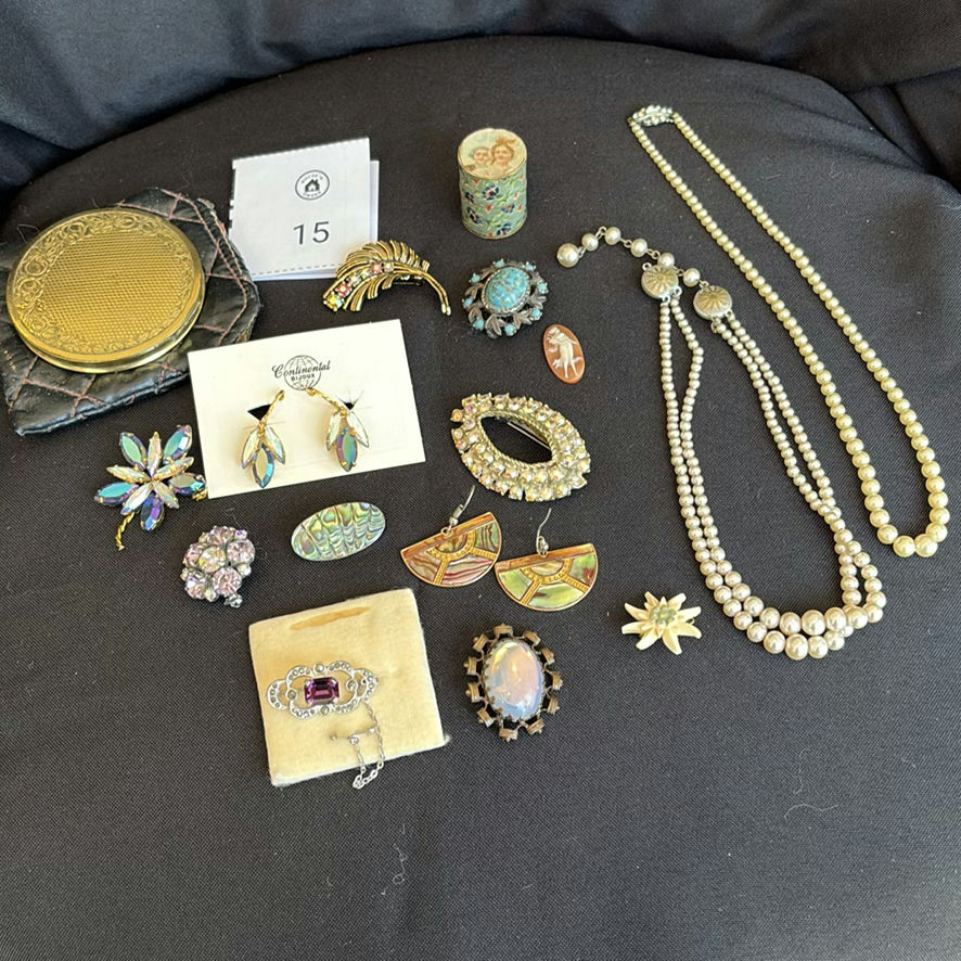 Vintage Costume Jewelry Lot with Brooches, Earrings, Pearl Necklaces, and Compact Mirror - image 1 of 19