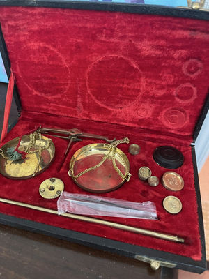 Vintage Brass Balance Scale Set with Weights and Case - Image 1 of 10