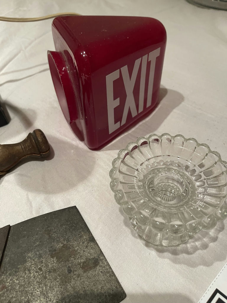 Vintage - Radio, Lamps, Red Glass Exit Sign, Glass Dishes, and Metal Tool - image 7 of 9