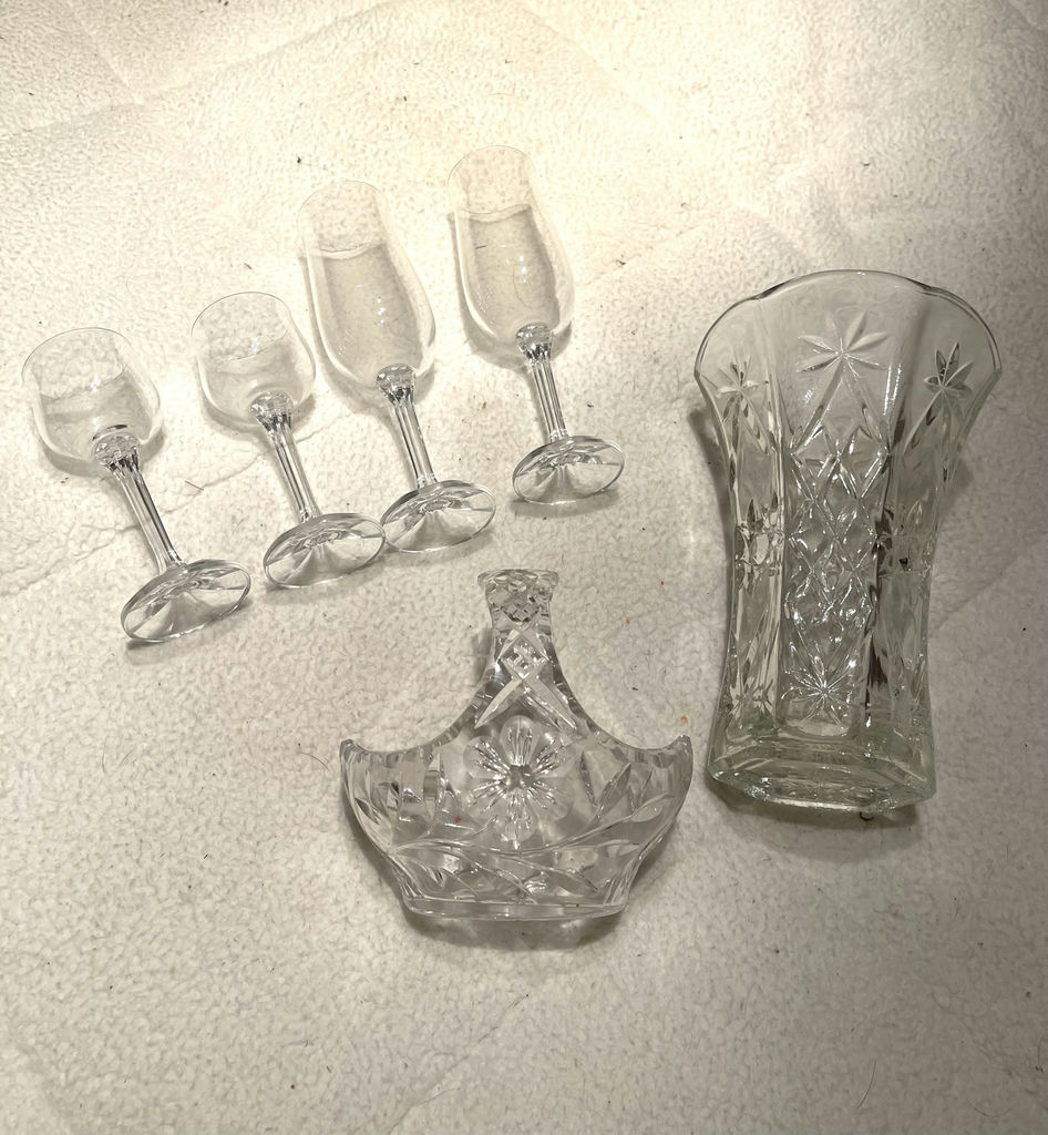 Glass Vase, Basket Dish, and Four Stemmed Glasses - image 1 of 5