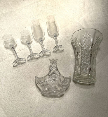 Glass Vase, Basket Dish, and Four Stemmed Glasses - Image 1 of 5