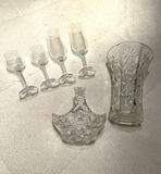 Glass Vase, Basket Dish, and Four Stemmed Glasses - thumbnail 1 of 5