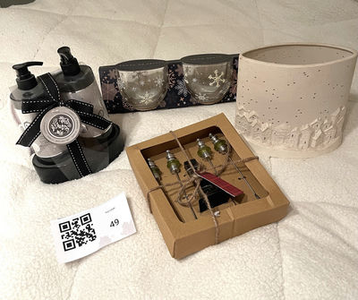 Christmas - Vanilla Bath Gift Set, Glass Mugs, Decorative Picks, and Ceramic Candle Holder - Image 1 of 9