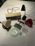 Vintage - Radio, Lamps, Red Glass Exit Sign, Glass Dishes, and Metal Tool - thumbnail 1 of 9