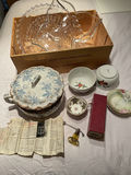 Assorted Vintage Glassware, China Bowls, Tureen, Wooden Crate, and * DeVilbiss Atomizer - thumbnail 1 of 16