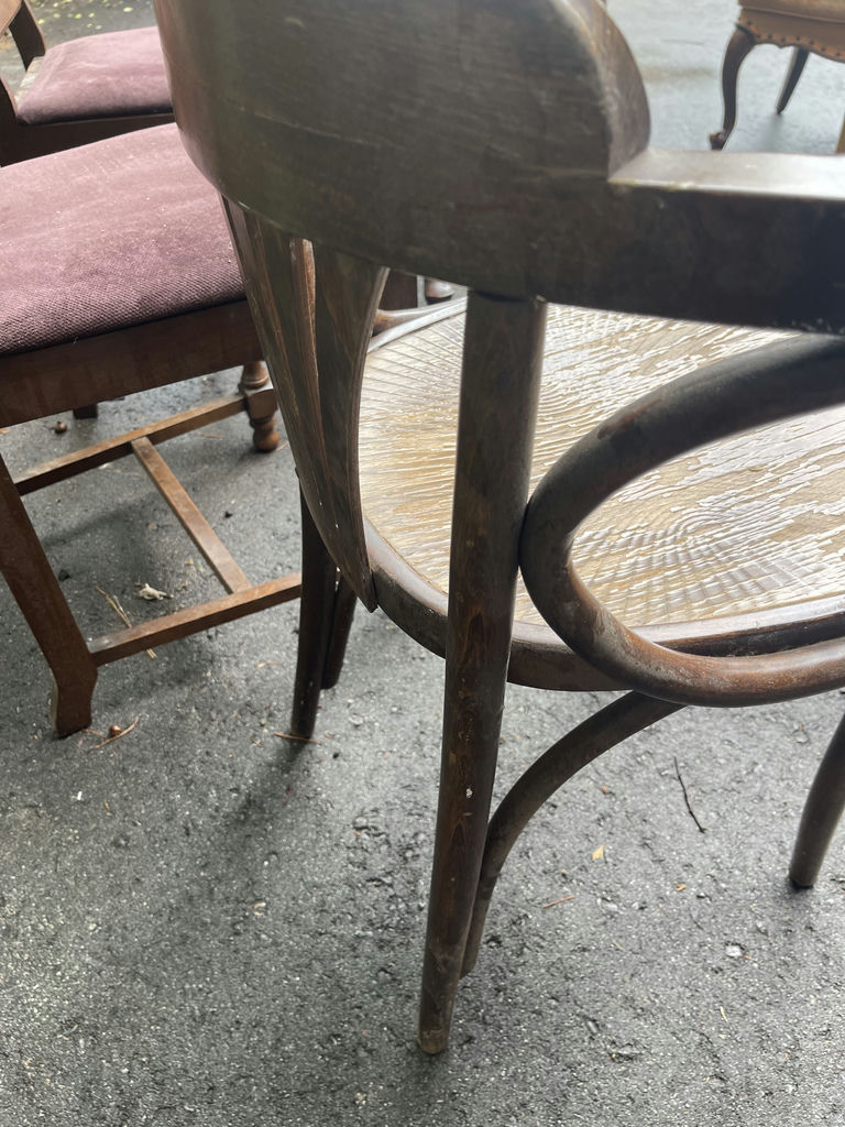 5 Dining Chairs- Wooden Chairs with Burgundy Upholstery and One Curved Wooden Seat Chair - image 9 of 15