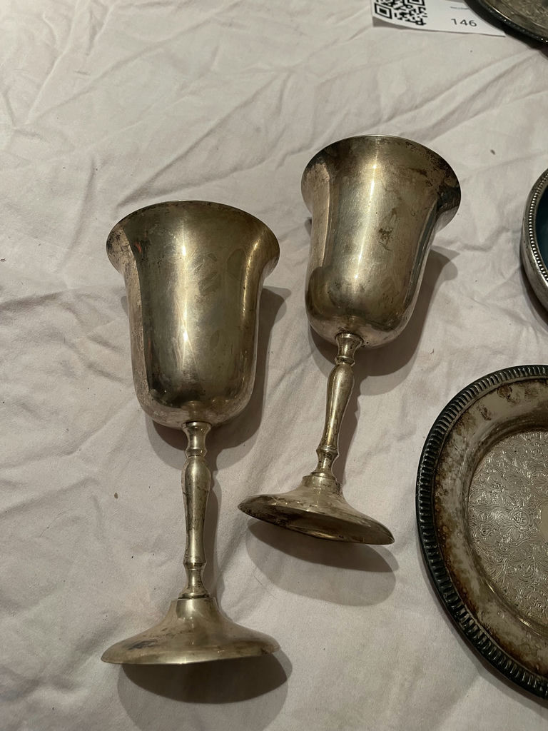 Silver Tea Set Pieces, Goblets, Bowl, and Tray - image 3 of 5