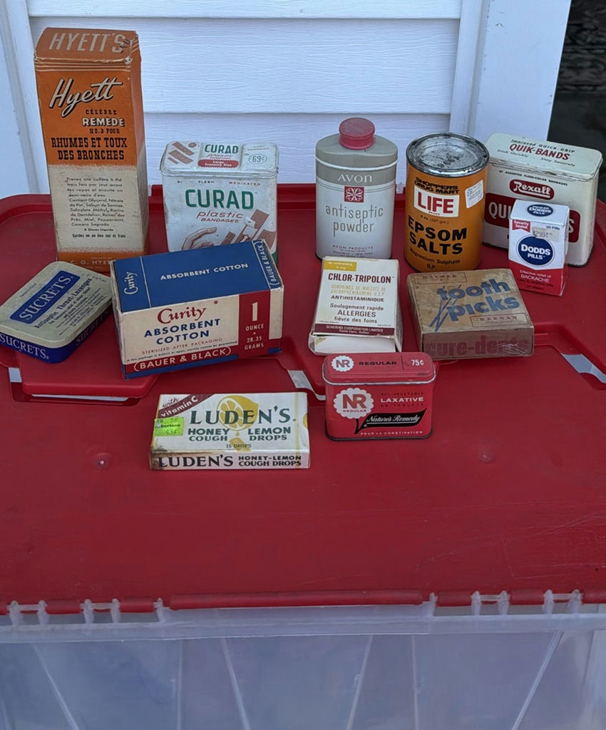 Plastic Storage Tote with Vintage Medical Tins and Rubber Ice Cap - image 1 of 17