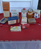 Plastic Storage Tote with Vintage Medical Tins and Rubber Ice Cap - thumbnail 1 of 17
