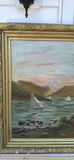 Large Antique Framed Landscape Painting with River and Sailboats - thumbnail 2 of 16