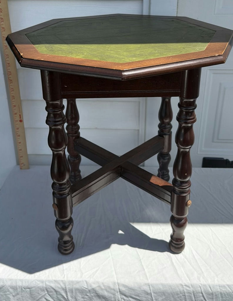Vintage Octagonal Wooden Side Table with Green Leather Top - image 2 of 10
