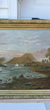 Large Antique Framed Landscape Painting with River and Sailboats - thumbnail 3 of 16