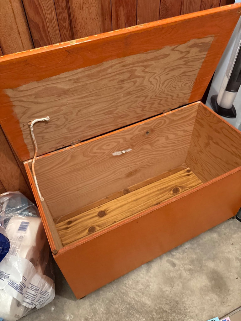 Orange wooden storage chest with hinged lid - image 2 of 6
