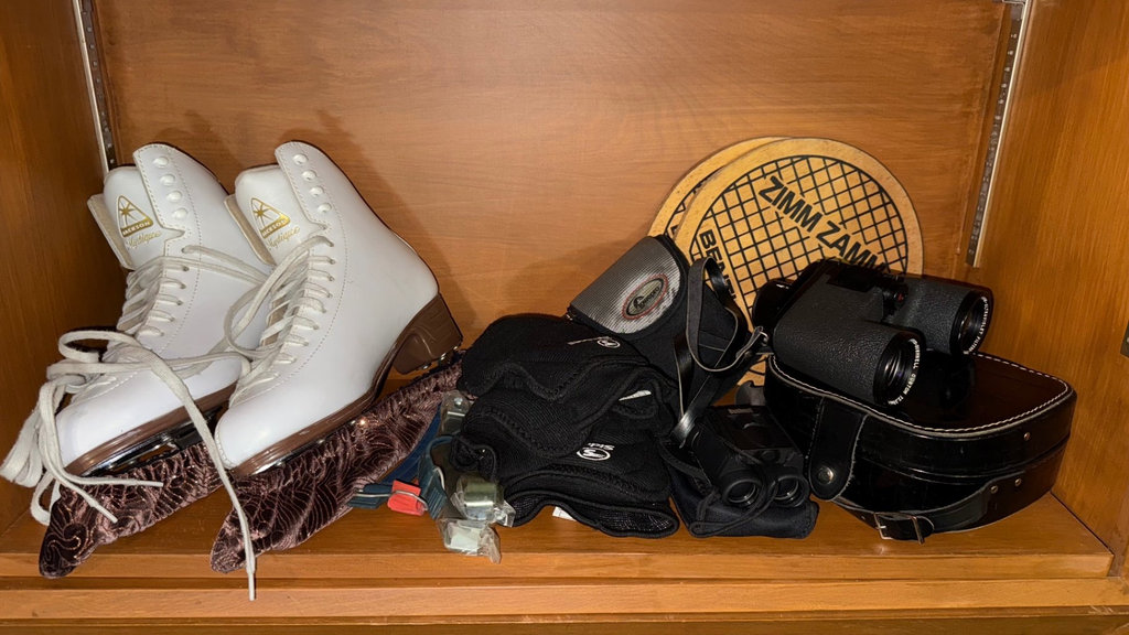 White ice skates with binoculars and protective gear - image 2 of 4