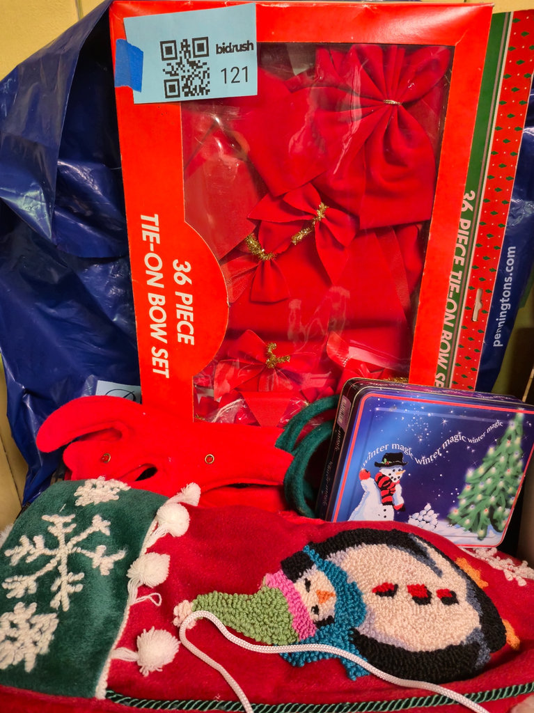 Christmas decorations, stocking, holiday tin - image 1 of 3