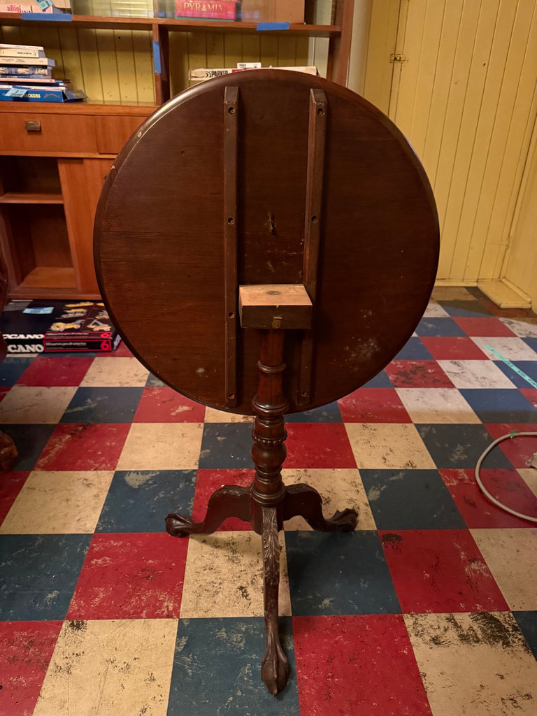 Round Mahogany Tilt-Top pedestal table with carved tripod legs - image 4 of 11