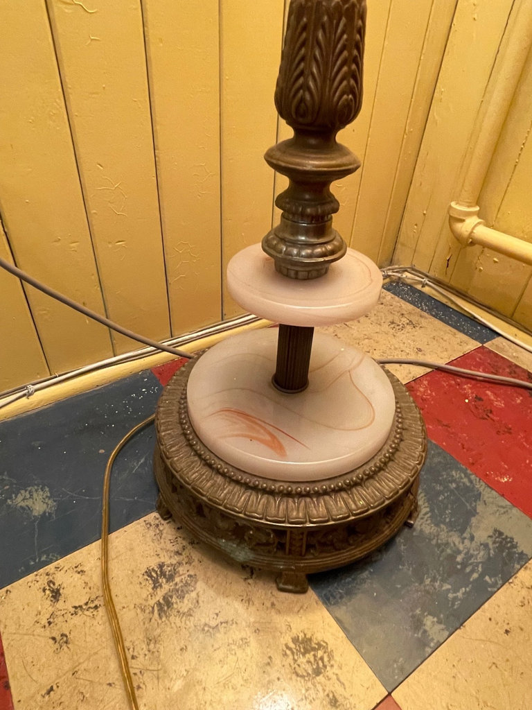 Antique torchiere 4-light floor lamp with onyx? base and milk-glass shade - image 3 of 4