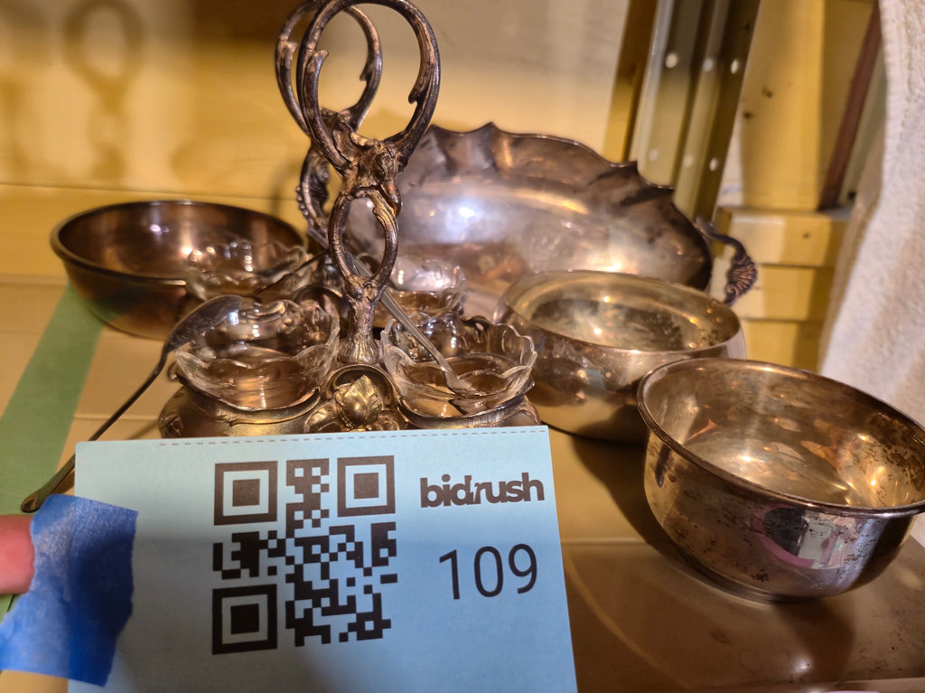 Ornate silverplate serving set with cruet stand and glass bowls - image 5 of 5
