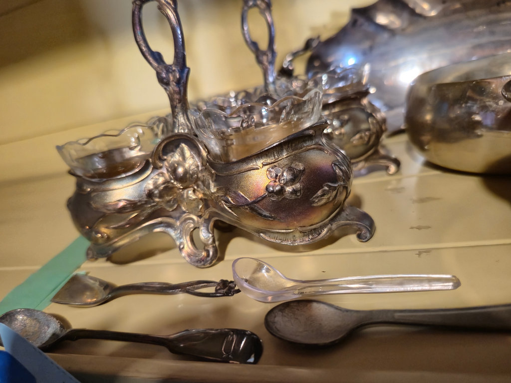 Ornate silverplate serving set with cruet stand and glass bowls - image 1 of 5