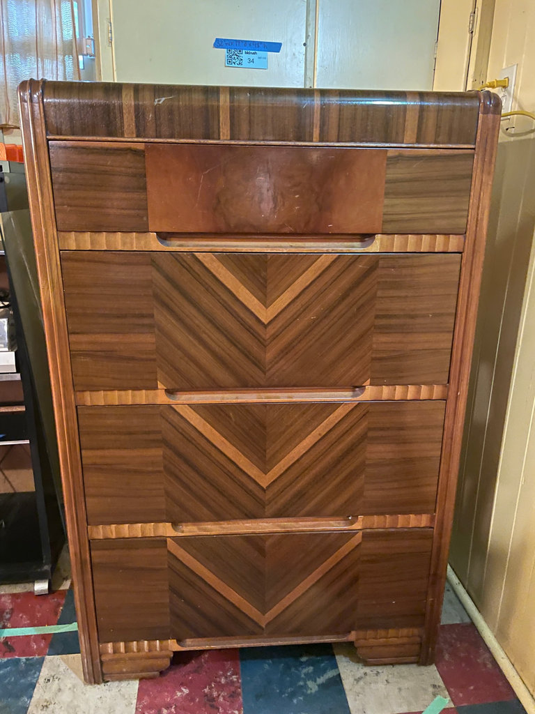 Four-drawer walnut dresser with chevron veneer - image 1 of 13
