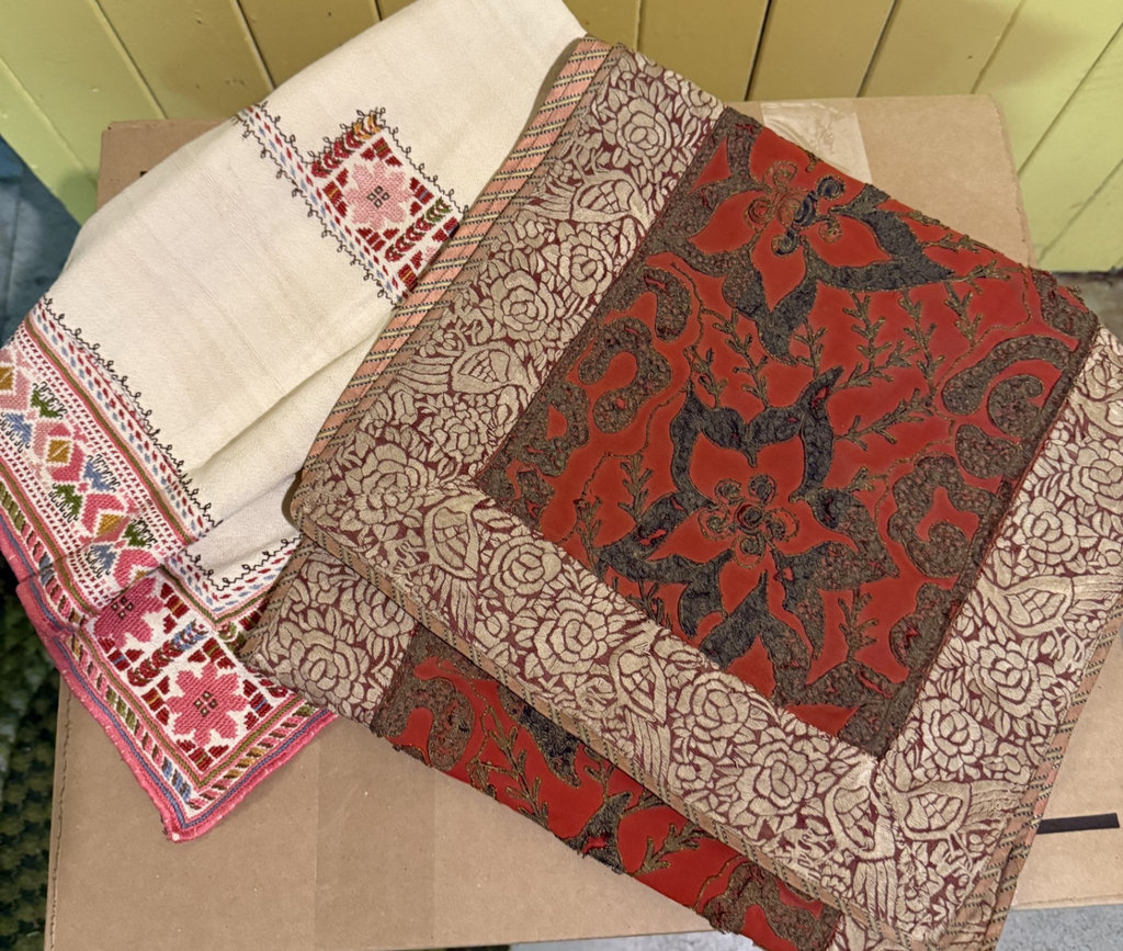 Assorted vintage textiles and a brown zippered pouch - image 9 of 14