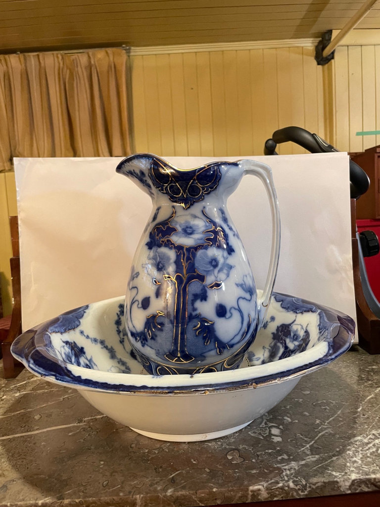 Antique Wash Jug & Basin w Gilt by Woods & Sons England - image 1 of 13