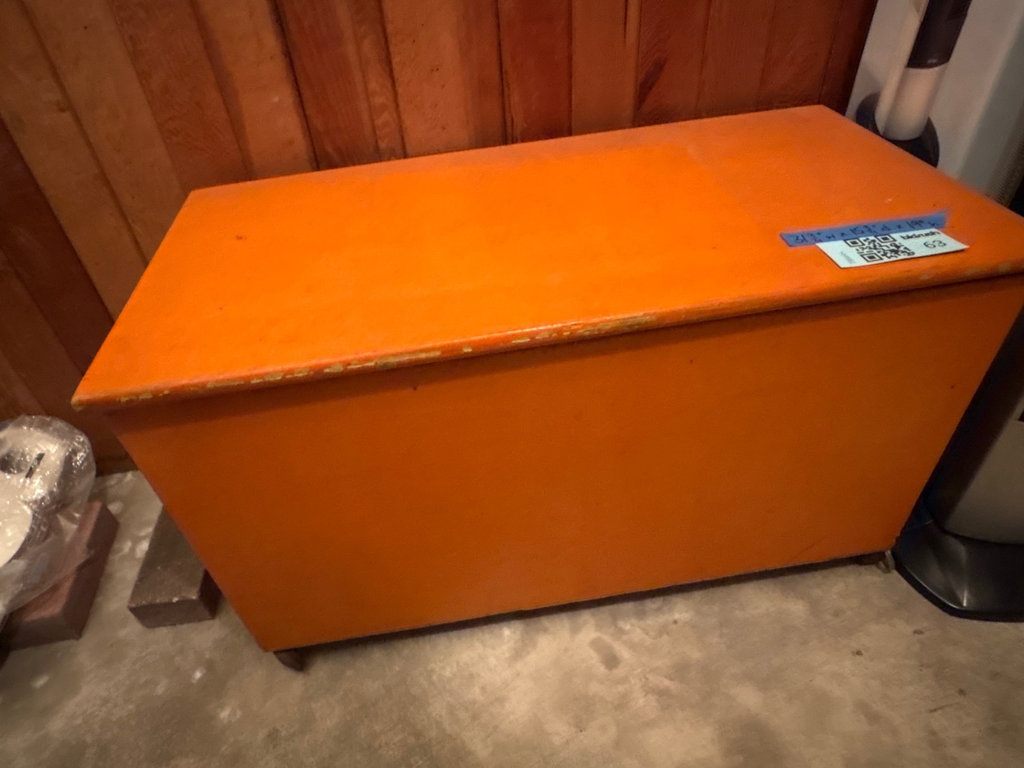 Orange wooden storage chest with hinged lid - image 1 of 6