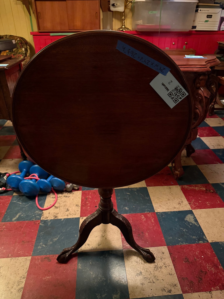 Round Mahogany Tilt-Top pedestal table with carved tripod legs - image 5 of 11
