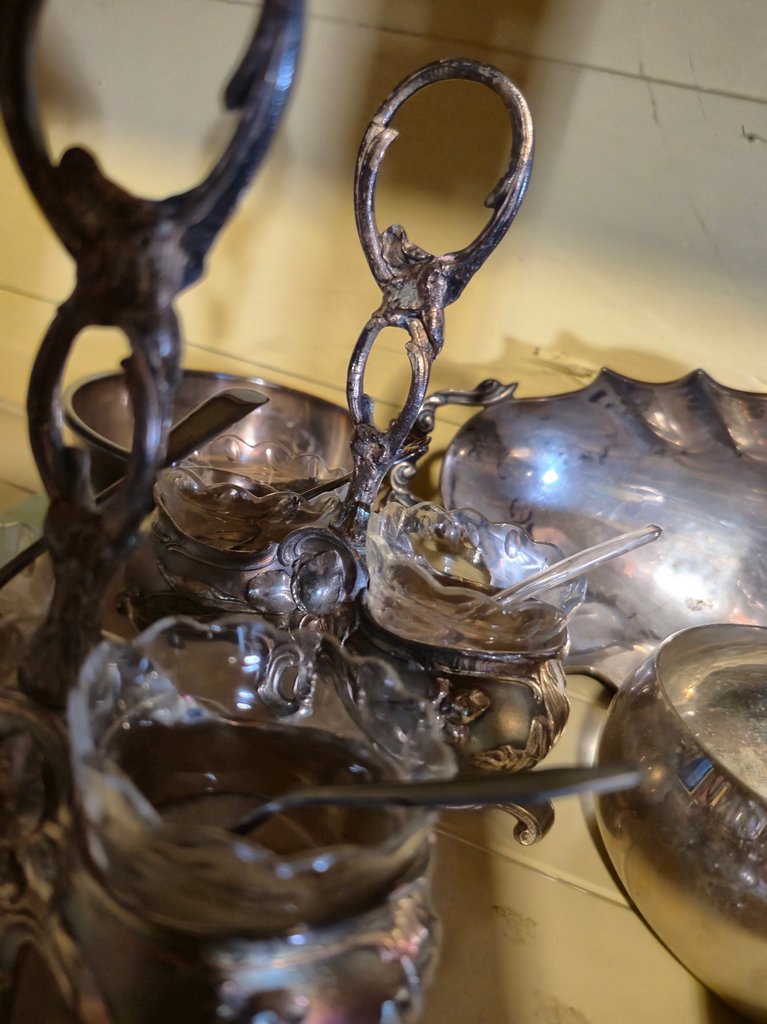 Ornate silverplate serving set with cruet stand and glass bowls - image 2 of 5