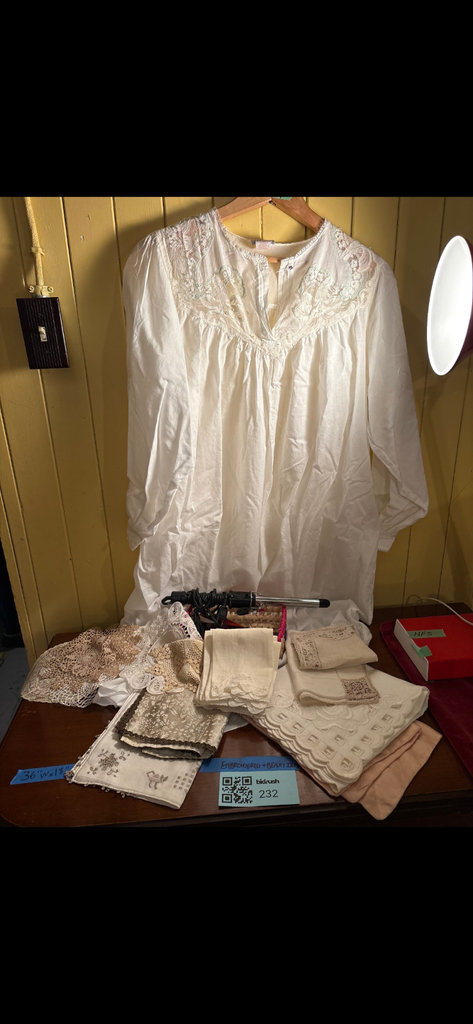 Vintage Nightgown with lace neckline and collection of cream lace linens - image 1 of 9