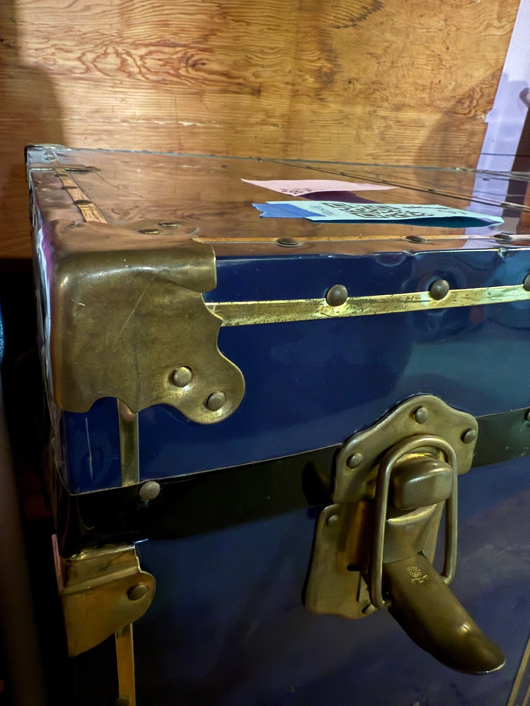 Blue vintage travel trunk with brass hardware and wood-lined interior - image 3 of 13