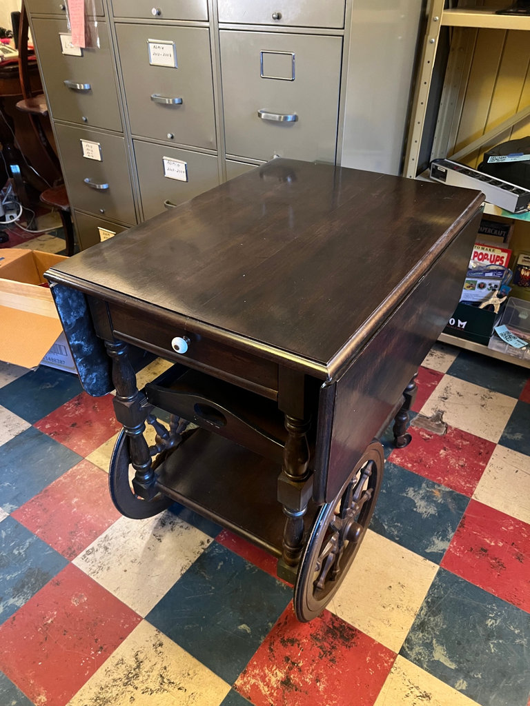 Vintage wooden rolling tea bar cart drop leaf side table w drawer tray - image 3 of 15