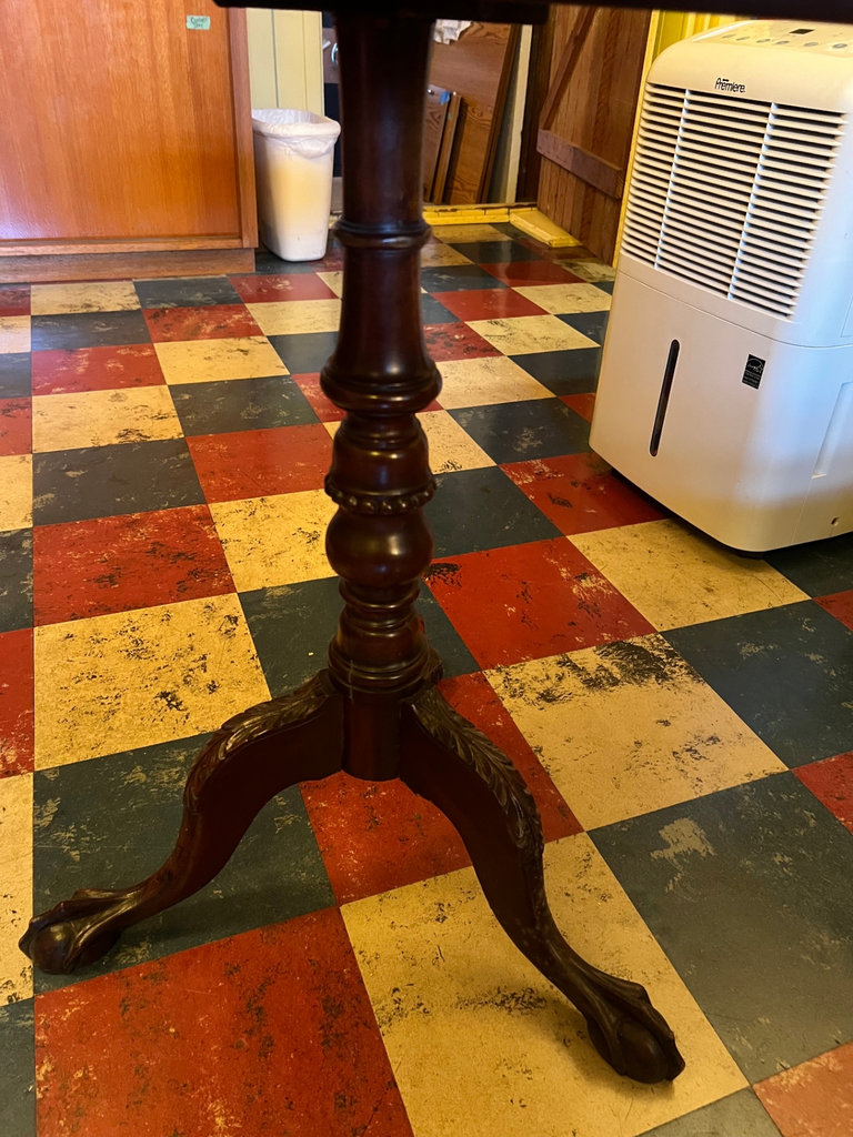 Round Mahogany Tilt-Top pedestal table with carved tripod legs - image 7 of 11