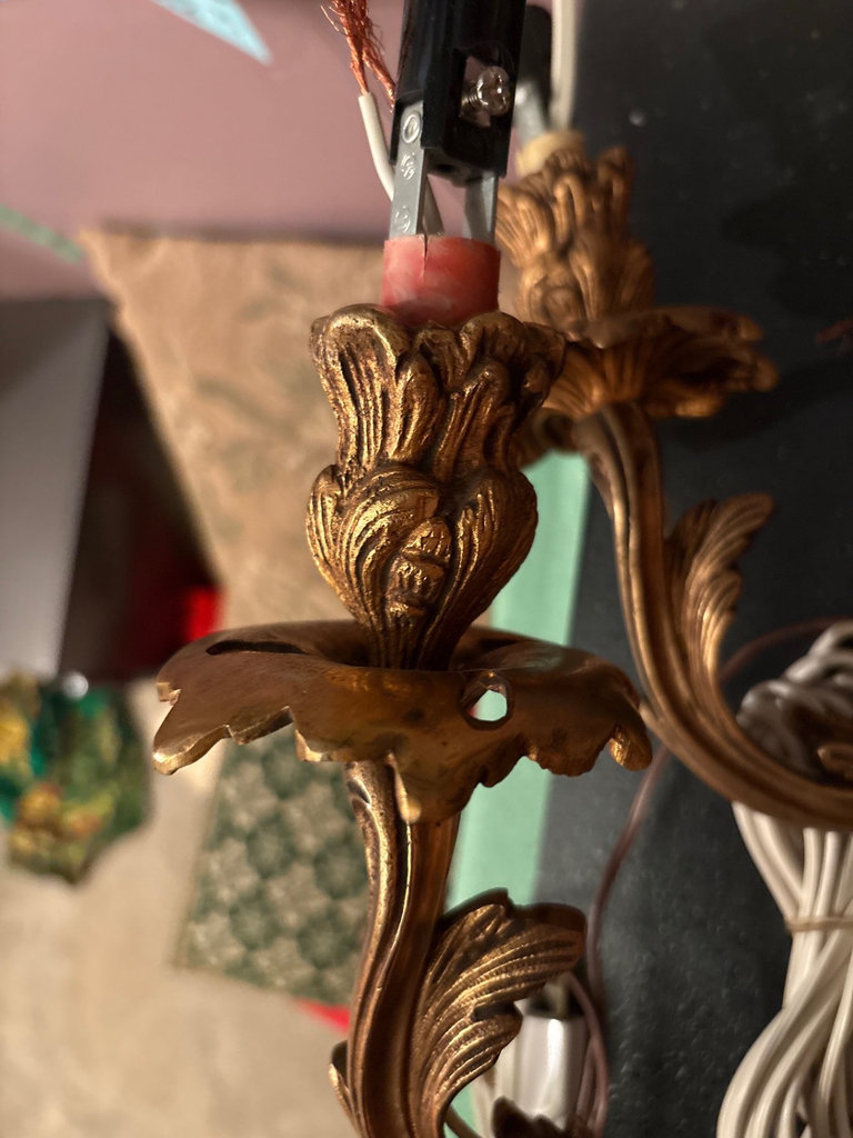 Mid-Century Louis XV Rocaille Style gilt bronze sconces, plus fabric lampshades, bulbs, and accessories  - image 2 of 9