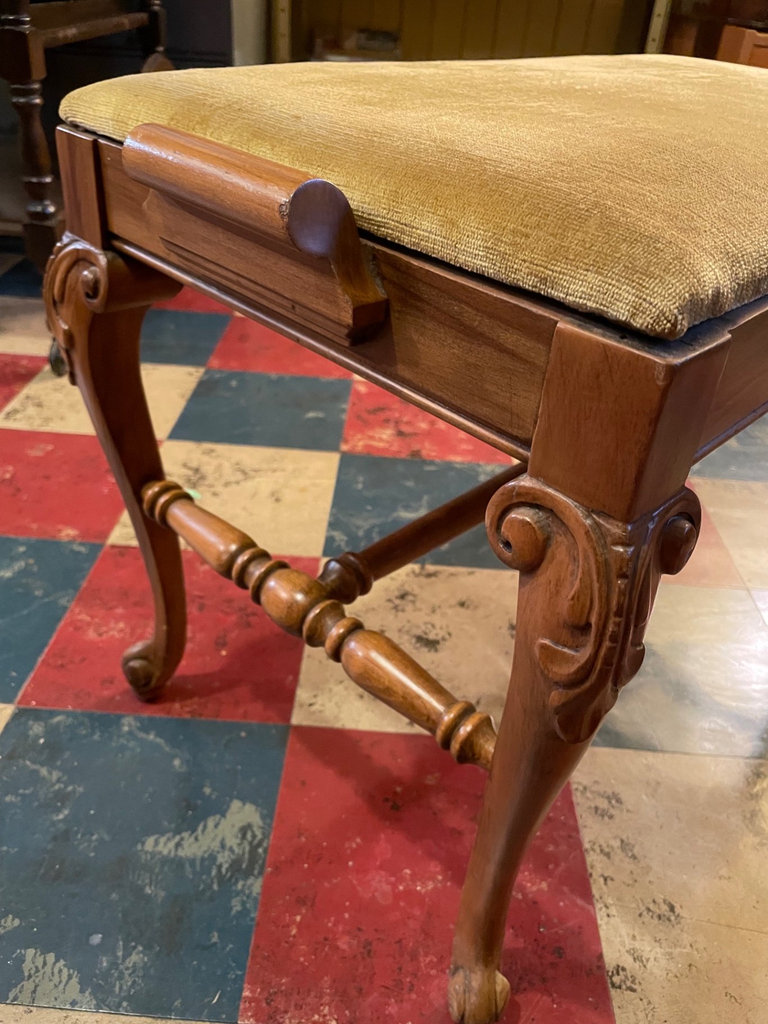 Vintage carved wooden bench with upholstered seat - image 2 of 8