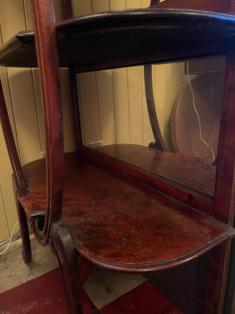 Antique Victorian mahogany etagere 3-tier shelf with beveled mirror and curved legs - image 8 of 12