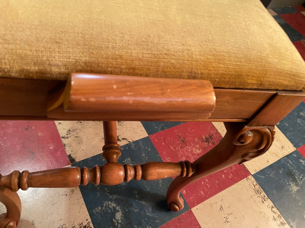 Vintage carved wooden bench with upholstered seat - image 6 of 8