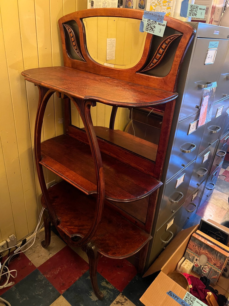 Antique Victorian mahogany etagere 3-tier shelf with beveled mirror and curved legs - image 1 of 12