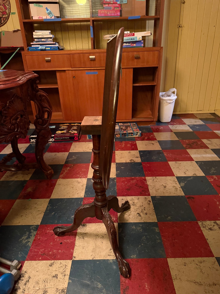 Round Mahogany Tilt-Top pedestal table with carved tripod legs - image 11 of 11