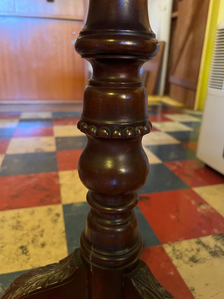 Round Mahogany Tilt-Top pedestal table with carved tripod legs - image 8 of 11